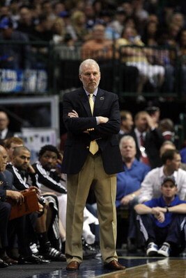 DALLAS - APRIL 23:  Head coach Gregg Popovich of the San Antonio Spurs during play against the Dallas Mavericks in Game Three of the Western Conference Quarterfinals during the 2009 NBA Playoffs at American Airlines Center on April 23, 2009 in San Antonio