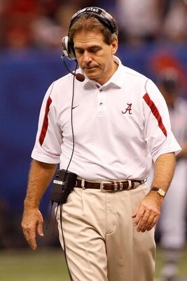 NEW ORLEANS - JANUARY 02:  Head coach Nick Saban of the Alabama Crimson Tide looks down in the first half while taking on the Utah Utes during the 75th Allstate Sugar Bowl at the Louisiana Superdome on January 2, 2009 in New Orleans, Louisiana.  (Photo by