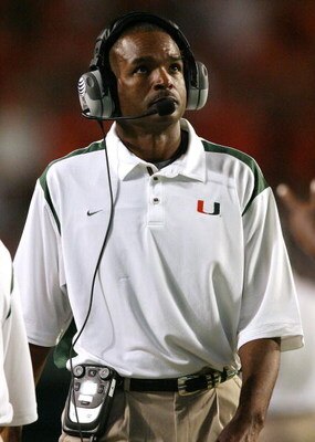 MIAMI - NOVEMBER 13:  Head coach Randy Shannon of the Miami Hurricanes looks up toward the scoreboard while taking on the Virginia Tech Hokies at Dolphin Stadium on November 13, 2008 in Miami, Florida. Miami defeated Virginia Tech 16-14.  (Photo by Doug B