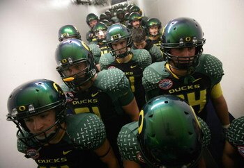 SAN DIEGO, CA - DECEMBER 30:  The University of Oregon Ducks prepare to enter the field against the Oklahoma State University Cowboys during the Pacific Life Holiday Bowl at Qualcomm Stadium on December 30, 2008 in San Diego, California. (Photo by Donald 