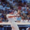 19 May 1996:  Outfielder Todd Hollandsworth of the Los Angeles Dodgers focuses on the baseball as he watches for the result of a hit while following through on a swing during an at-bat in the Dodgers 5-4 loss to the Philadelphia Phillies at Dodger Stadium