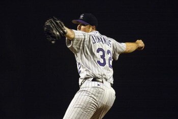 LOS ANGELES - SEPTEMBER 25:  Pitcher Jason Jennings #32 of the Colorado Rockies throws a pitch during the MLB game against the Los Angeles Dodgers on September 25, 2002 at Dodger Stadium in Los Angeles, California. The Dodgers won 3-2. (Photo by Stephen D