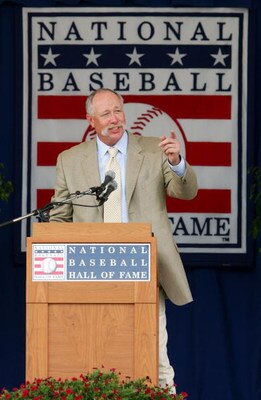 COOPERSTOWN, NY - JULY 27:  Hall of Fame inductee Rich 'Goose' Gossage gives his induction speech at Clark Sports Center during the Baseball Hall of Fame induction ceremony on July 27, 2008 in Cooperstown, New York.  (Photo by Jim McIsaac/Getty Images)