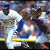 20 May 1993: DETROIT TIGERS CATCHER CHAD KREUTER CHASES DOWN MILWAUKEE BREWERS SHORTSTOP PAT LISTACH DURING THEIR GAME AT COUNTY STADIUM IN MILWAUKEE, WISCONSIN.