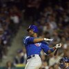 LOS ANGELES, CA - OCTOBER 04:  Derrek Lee #25 of the Chicago Cubs doubles to left in the eighth inning against the Los Angeles Dodgers in Game Three of the NLDS during the 2008 MLB playoffs on October 4, 2008 at Dodger Stadium in Los Angeles, California. 