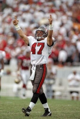 31 Aug 1997:  Defensive back John Lynch of the Tampa Bay Buccaneers celebrates during the Buccaneers 13-6 win over the San Francisco 49ers at Houlihan Stadium in Tampa, Florida. Mandatory Credit: Scott Halleran  /Allsport