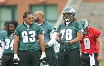 PHILADELPHIA - MAY 1: Offensive lineman Paul Fanaika #63 and Fenuki Tupou #78 of the Philadelphia Eagles look on during minicamp practice at the NovaCare Complex on May 1, 2009 in Philadelphia, Pennsylvania. (Photo by Hunter Martin/Getty Images)