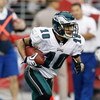 GLENDALE, AZ - JANUARY 18:  Wide receiver DeSean Jackson #10 of the Philadelphia Eagles runs with the ball against the Arizona Cardinals during the NFC championship game on January 18, 2009 at University of Phoenix Stadium in Glendale, Arizona.  (Photo by
