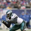 EAST RUTHERFORD, NJ - DECEMBER 7:  Victor Abiamiri #95 of the Philadelphia Eagles gets ready on the line against the New York Giants at Giants Stadium on December 7, 2008 in East Rutherford, New Jersey. (Photo by Nick Laham/Getty Images)