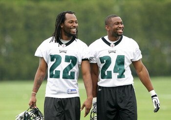 PHILADELPHIA - MAY 1: Defensive backs Asante Samuel #22 and Sheldon Brown #24 of the Philadelphia Eagles smile as they look on during minicamp at the NovaCare Complex on May 1, 2009 in Philadelphia, Pennsylvania. (Photo by Hunter Martin/Getty Images)