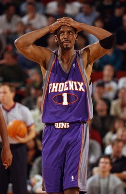 SEATTLE - OCTOBER 30:  Anfernee Hardaway #1 of the Phoenix Suns reacts during the game against the Seattle Sonics at Key Arena on October 30, 2002 in Seattle, Washington.  The Sonics won 86-73.  NOTE TO USER: User expressly acknowledges and agrees that, b