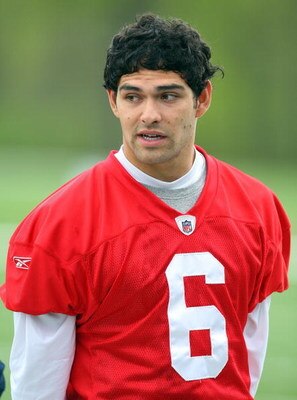 FLORHAM PARK, NJ - MAY 02:  Quarterback Mark Sanchez #6 of the New York Jets looks on during minicamp on May 2, 2009 at the Atlantic Health Jets Training Center in Florham Park, New Jersey.  (Photo by Jim McIsaac/Getty Images)