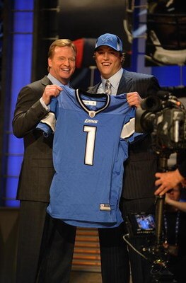 NEW YORK - APRIL 25: NFL Commissioner Roger Goodell stands with Detroit Lions #1 draft pick Matthew Stafford at Radio City Music Hall for the 2009 NFL Draft on April 25, 2009 in New York City (Photo by Jeff Zelevansky/Getty Images)