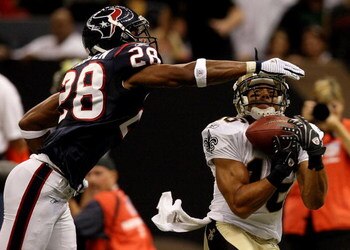 NEW ORLEANS - AUGUST 16:  Cornerback Antwaun Molden #28 of the Houston Texans can't stop wide receiver Lance Moore #16 of the New Orleans Saints from making a catch during a pre-season game at Louisiana Superdome on August 16, 2008 in New Orleans Louisian