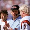 ANAHEIM, CA - OCTOBER 7:  Head coach Sam Wyche of the Cincinnati Bengals talks to his quarterback Boomer Esiason #7 on the sidelines during a game against the Los Angeles Rams at the Anaheim Stadium on October 7, 1990 in Anaheim, California.  The Bengals 