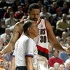 PORTLAND, OR - NOVEMBER13:  Rasheed Wallace #30 of the Portland Trail Blazers argues with the referee during Blazers' game against the Sacramento Kings November 13, 2003 at the Rose Garden in Portland, Oregon.  NOTE TO USER: User expressly acknowledges an