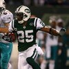 EAST RUTHERFORD, NJ - DECEMBER 28:  Kerry Rhodes #25 of The New York Jets intercepts the ball against The Miami Dolphins during their game on December 28, 2008 at Giants Stadium in East Rutherford, New Jersey.  (Photo by Al Bello/Getty Images)