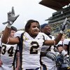 EUGENE, CA - SEPTEMBER 29:  Robert Jordan #2  of the California Golden Bears celebrates with his teammates their 31-24 victory over the Oregon Ducks at Autzen Stadium on September 29, 2007 in Eugene, Oregon.  (Photo by Jonathan Ferrey/Getty Images)