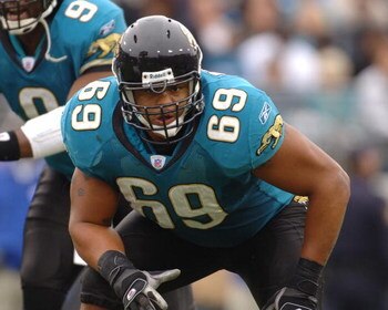 Jacksonville Jaguars tackle Khalif Barnes sets to block  against the Indianapolis Colts  December 11, 2005 in Jacksonville.  The Colts defeated the Jaguars 26 - 18 to remain undefeated.  (Photo by Al Messerschmidt/Getty Images)