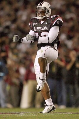 COLUMBIA - NOVEMBER 1:  Eric Norwood #40 of the South Carolina Gamecocks celebrates on the field during the game against the Tennessee Volunteers at Williams-Brice Stadium on November 1, 2008 in Columbia, South Carolina. (Photo by: Streeter Lecka/Getty Im