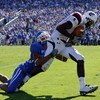 LEXINGTON, KY - OCTOBER 11:  Jason Barnes #4 of  the South Carolina Gamecocks catches a pass while defended by Robbie McAtee #36 of the Kentucky Widcats during the game at Commonwealth Stadium on October 11, 2008 in Lexington, Kentucky.  (Photo by Andy Ly