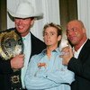 NEW YORK - MARCH 6:  Singer Aaron Carter (C) poses with WWE wrestlers John Bradshaw Layfield (L) and Kurt Angle (R) at the 6th Annual T.J. Martell 'Family' Day' Indoor Carnival Benefit at Cipriani's Fifth Avenue March 6, 2005 in New York City. (Photo by E