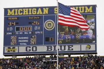 ANN ARBOR, MI - NOVEMBER 4:  Detail of the scoreboard displaying the final score at the NCAA football game between the Ball State Cardinals and the Michigan Wolverines on November 4, 2006 at Michigan Stadium in Ann Arbor, Michigan. Michigan won 34-26. (Ph