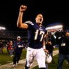 SAN DIEGO - DECEMBER 28:  Quarterback Philip Rivers #17 of the San Diego Chargers celebrates after defeating the Denver Broncos in the NFL game at Qualcomm Stadium on December 28, 2008 in San Diego, California. The Chargers defeated the Broncos 52--21. (P