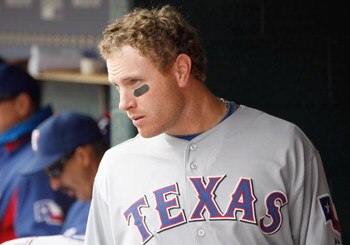 DETROIT - APRIL 10:  Josh Hamilton #32 of the Texas Rangers looks on from the dugout against the Detroit Tigers during Opening Day on April 10, 2009 at Comerica Park in Detroit, Michigan. Detroit won the game 15-2. (Photo by Gregory Shamus/Getty Images)