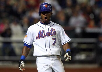 NEW YORK - MAY 11:  Jose Reyes #7 of the New York Mets reacts after flying out in the sixth inning against the Atlanta Braves on May 11, 2009 at Citi Field in the Flushing neighborhood of the Queens borough of New York City. The Braves defeated the Mets 8