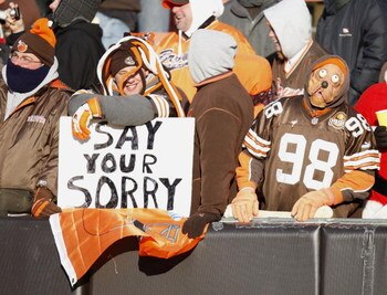 CLEVELAND - DECEMBER 21: Fans of the Cleveland Browns look on during the game against the Cincinnati Bengals at Cleveland Browns Stadium December 21, 2008 in Cleveland, Ohio. Cincinnati won the game 14-0. (Photo by Gregory Shamus/Getty Images)
