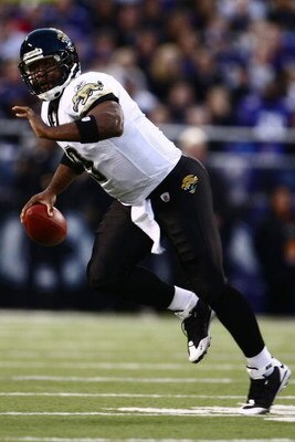 BALTIMORE - DECEMBER 28: David Garrand #9 of the Jacksonville Jaguars looks to throw a pass against the Baltimore Ravens during the game on December 28, 2008 at M&T Bank Stadium in Baltimore, Maryland. (Photo by Chris McGrath/Getty Images)