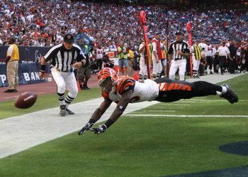 HOUSTON - OCTOBER 26: Wide receiver Chad Johnson #85 of the Cincinnati Bengals can't reach an attempted touchdown pass against the Houston Texans on October 26, 2008 at Reliant Stadium in Houston, Texas. (Photo by Stephen Dunn/Getty Images)