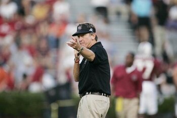 COLUMBIA, SC - SEPTEMBER 1:  Head coach Steve Spurrier of the South Carolina Gamecocks looks on before the game against the University of Central Florida Golden Knights on September 1, 2005 at Williams-Brice Stadium in Columbia, South Carolina. South Caro