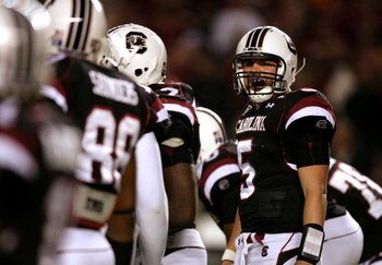 COLUMBIA, SC - NOVEMBER 01:  Stephen Garcia #5 of the South Carolina Gamecocks yells to his team against the Tennessee Volunteers during their game at Williams-Brice Stadium on November 1, 2008 in Columbia, South Carolina.  (Photo by Streeter Lecka/Getty 