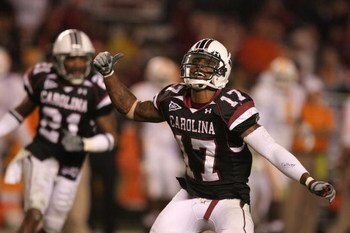 COLUMBIA, SC - NOVEMBER 01:  Chris Culliver #17 of the South Carolina Gamecocks celebrates after a defensive stop against the Tennessee Volunteers during their game at Williams-Brice Stadium on November 1, 2008 in Columbia, South Carolina.  (Photo by Stre