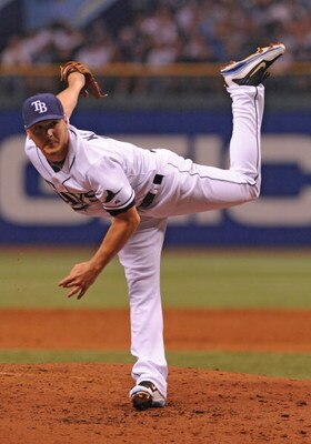 ST. PETERSBURG, FL - APRIL 13: Pitcher Scott Kazmir #19 of the Tampa Bay Rays starts against the New York Yankees on April 13, 2009 at Tropicana Field  in St. Petersburg, Florida.  (Photo by Al Messerschmidt/Getty Images) 