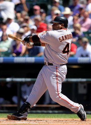 DENVER - MAY 07:  Third baseman Pablo Sandoval #48 of the San Francisco Giants takes an at bat against the Colorado Rockies during MLB action at Coors Field on May 7, 2009 in Denver, Colorado. The Giants defeated the Rockies 8-3.  (Photo by Doug Pensinger