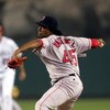 ANAHEIM, CA - OCTOBER 6:  Pitcher Pedro Martinez #45 of the Boston Red Sox delivers a pitch during the American League Division Series with the Anaheim Angels, Game Two on October 6, 2004 at Angels Stadium at Anaheim in Anaheim, California.   (Photo by St