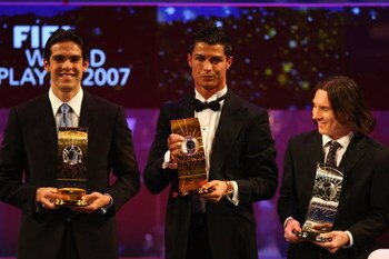 ZURICH, SWITZERLAND - DECEMBER 17:  (L-R) Kaka of AC Milan and Brazil winner of World Player,Cristiano Ronaldo third placed, of Manchester United and Portugal and Lionel Messi runner up of Barcelona and Argentina pose with their awards during the FIFA Wor