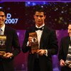ZURICH, SWITZERLAND - DECEMBER 17:  (L-R) Kaka of AC Milan and Brazil winner of World Player,Cristiano Ronaldo third placed, of Manchester United and Portugal and Lionel Messi runner up of Barcelona and Argentina pose with their awards during the FIFA Wor