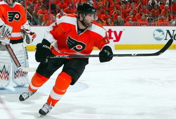 PHILADELPHIA - APRIL 25:  Ryan Parent #77 of the Philadelphia Flyers skates against the Pittsburgh Penguins during Game Six of the Eastern Conference Quarterfinal Round of the 2009 NHL Stanley Cup Playoffs  at the Wachovia Center on April 25, 2009 in Phil