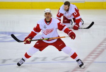 PITTSBURGH - JUNE 09:  Chris Chelios #24 of the Detroit Red Wings against the Pittsburgh Penguins during Game Six of the NHL Stanley Cup Finals at the Mellon Arena on June 9, 2009 in Pittsburgh, Pennsylvania.  (Photo by Jamie Sabau/Getty Images)