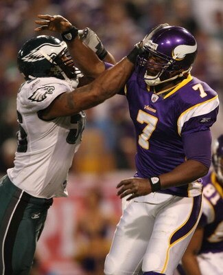 MINNEAPOLIS - JANUARY 04:  Akeem Jordan #56 of the Philadelphia Eagles is called for roughing the passer as he hits Tarvaris Jackson #7 of the Minnesota Vikings during the NFC Wild Card playoff game on January 4, 2009 at the Hubert H. Humphrey Metrodome i