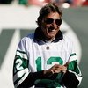 EAST RUTHERFORD, NJ - OCTOBER 26:  Former Jets quarterback is introduced during halftime festivities celebrating the 40th anniversary of the Jets' win over the Colts in Super Bowl III during the game between the Kansas City Chiefs and the New York Jets on