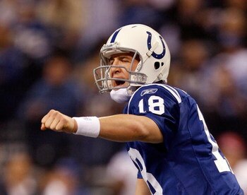 INDIANAPOLIS - NOVEMBER 16:  Payton Manning #18 of the Indianapolis Colts calls out a play during the first quarter against the Houston Texans at Lucas Oil Stadium on November 16, 2008 in Indianapolis, Indiana.  (Photo by Harry How/Getty Images)