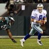 PHILADELPHIA - DECEMBER 28:  Tony Romo #9 of the Dallas Cowboys scrambles against the Philadelphia Eagles on December 28, 2008 at Lincoln Financial Field in Philadelphia, Pennsylvania.  (Photo by Jim McIsaac/Getty Images)
