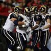 ATLANTA - DECEMBER 28:  Running back Steven Jackson #39 of the St. Louis Rams is congratulated by tackle Adam Goldberg #73, wide receivers Donnie Avery #17 and Dane Looker #89 after Jackson scored against the Atlanta Falcons at Georgia Dome on December 28