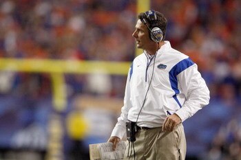 ATLANTA - DECEMBER 06:  Head coach Urban Meyer of the Florida Gators watches the action against the Alabama Crimson Tide during the SEC Championship on December 6, 2008 at the Georgia Dome in Atlanta, Georgia.  (Photo by Kevin C. Cox/Getty Images)