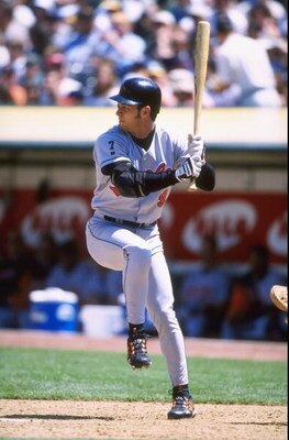 29 May 1999:  Brady Anderson #9 of the Baltimore Orioles at bat during the game against the Oakland Athletics at the Oakland Stadium in Oakland, California. The Athletics defeated the Orioles 6-2. Mandatory Credit: Jed Jacobsohn  /Allsport